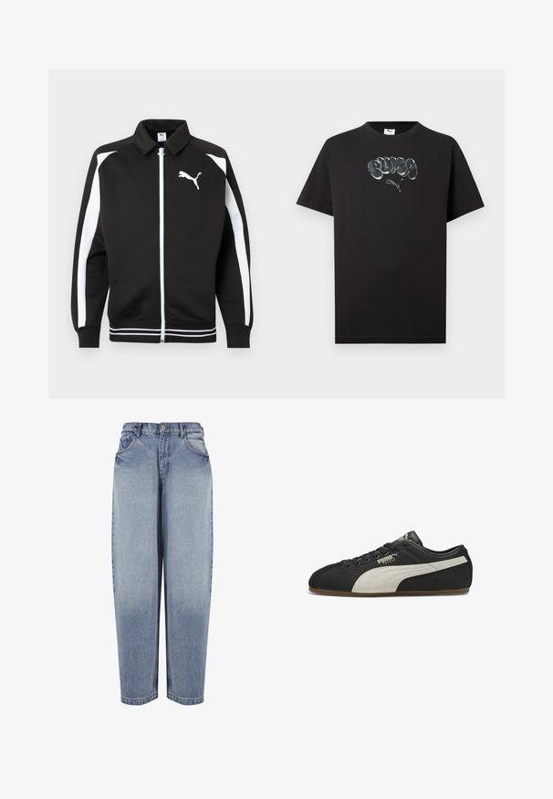 Chaqueta deportiva negra con cremallera, con rayas blancas en las mangas, logo de Puma blanco en el pecho y detalle de dobladillo con rayas blancas.; Camiseta negra de manga corta con cuello redondeado, con un logotipo reflectante plateado de Puma y texto burbuja estilizado sobre el logo.; Vaqueros azules de mezclilla de tiro alto y corte holgado, con bolsillos delanteros, trabillas para cinturón, cierre de botones y detalles desgastados a lo largo de las piernas.; Zapatilla Puma de perfil bajo en negro con franja lateral beige, cordones negros y suela de goma, mostrando el lado exterior izquierdo con la marca "Puma Tackle".