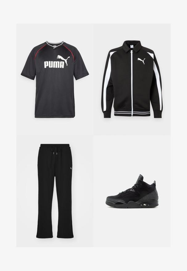 Schwarze Sportjacke mit Reißverschluss, weißen Streifen an den Ärmeln, weißem Puma-Logo auf der Brust und weiß gestreiften Details am Saum.; Schwarzes Puma-Sport-T-Shirt mit kurzen Ärmeln, weißem Logo, roten Akzenten entlang der Schultern und einem V-Ausschnitt. Hergestellt aus leichtem Material.; Schwarze Jogginghosen mit elastischem Bund und Kordelzug, ausgestattet mit Seitentaschen und einem dezenten Logo am linken Bein. Weicher Stoff, schmal zulaufende Form.; Schwarzer High-Top-Sneaker mit Schnürung vorne, gemusterten Seitenpaneelen, sichtbarer Air-Sohle und gepolstertem Knöchelkragen auf weißem Hintergrund.