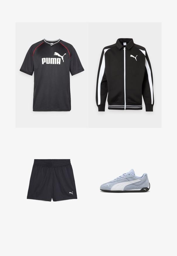 Chaqueta deportiva negra con cremallera, con rayas blancas en las mangas, logo de Puma blanco en el pecho y detalle de dobladillo con rayas blancas.; Camiseta deportiva negra de Puma con mangas cortas, logo blanco, acentos rojos en los hombros y cuello en forma de V. Fabricada con material ligero.; Shorts deportivos negros hechos de una tela suave, con una cintura elástica y un logo blanco de Puma en la pierna izquierda. Diseño simple y corte recto.; Zapatilla deportiva de ante azul claro con detalles blancos, textura perforada y suela de goma negra. Cuenta con cordones y un logo lateral.