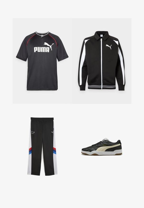 Chaqueta deportiva negra con cremallera, con rayas blancas en las mangas, logo de Puma blanco en el pecho y detalle de dobladillo con rayas blancas.; Camiseta deportiva negra de Puma con mangas cortas, logo blanco, acentos rojos en los hombros y cuello en forma de V. Fabricada con material ligero.; Pantalones deportivos negros con un diseño de pierna ancha, que presentan paneles laterales blancos y rayas rojas y azules. Cintura elástica para un ajuste ajustable.; Zapatilla de cuero negro con una franja crema, suela de goma y acentos en blanco. Presenta una superficie texturizada y un diseño con cordones.