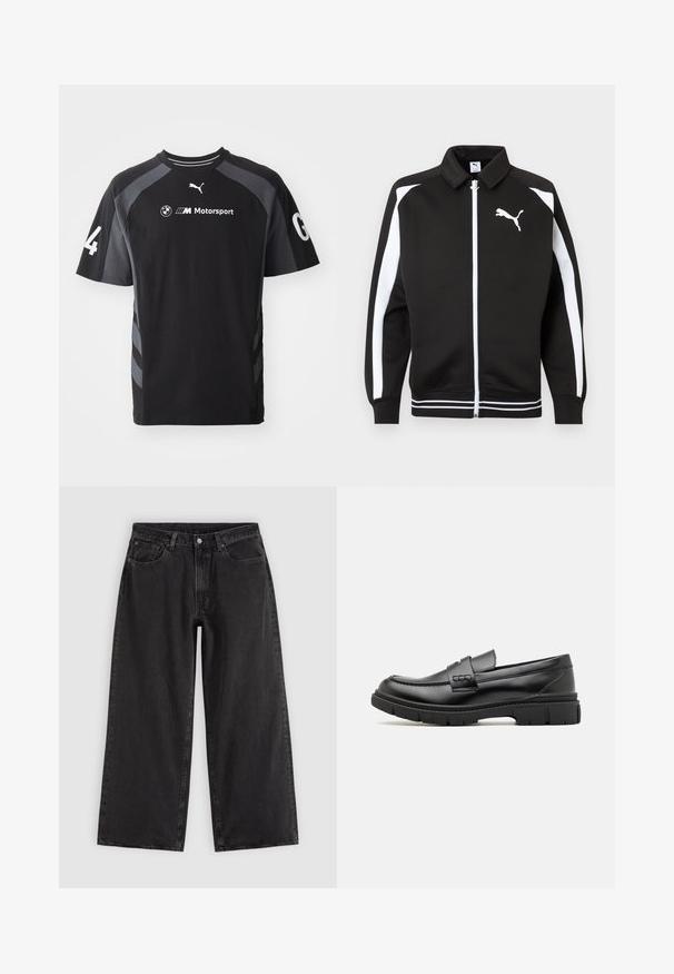 Čierna športová bunda na zips s bielymi pruhmi na rukávoch, bielym logom Puma na hrudi a detailmi na leme s bielymi pruhmi.; Čierne tričko s sivými akcentmi, krátkymi rukávmi, okrúhlym výstrihom, so znakmi BMW a Puma a číslom '4' na rukáve.; Čierne široké rifle s prednými vreckami, slučkami na opasok a zapínaním na gombíky, zobrazené na jednoduchom svetlom pozadí.; Čierne kožené mokasíny so širokým pásikom cez priehlavok, gumová podrážka s hrubým dezénom a hladký povrch. Klasický, elegantný dizajn.