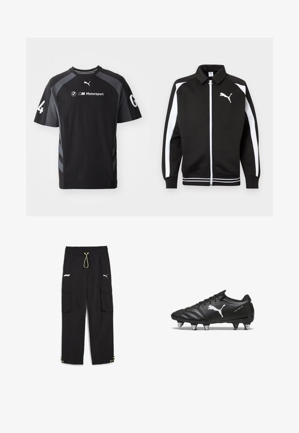 Sort sportsjakke med lynlås, hvide striber på ærmerne, hvidt Puma-logo på brystet og detaljer med hvidstribet kant.; Sort t-shirt med grå accenter, korte ærmer, rund halsudskæring, med BMW- og Puma-logoer og tallet '4' på ærmet.; Puma STATEMENT PANTS - Cargobukser - black; Sorte fodboldstøvler med tekstureret materiale, hvidt Puma-logo, snørebåndslukning og metalstifter for godt greb. Designet understreger ydeevne og støtte.