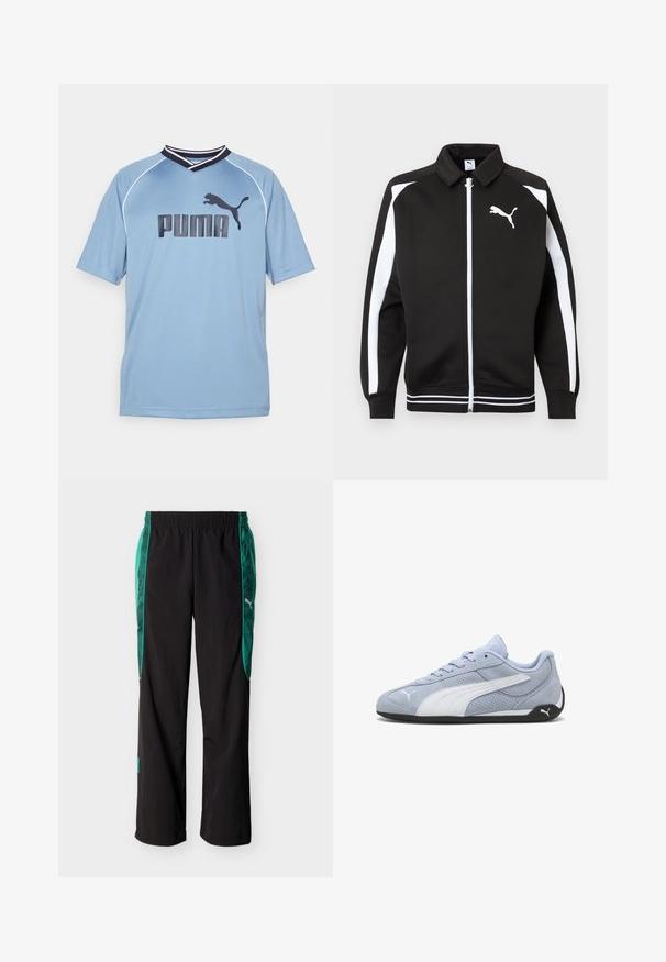 Schwarze Sportjacke mit Reißverschluss, weißen Streifen an den Ärmeln, weißem Puma-Logo auf der Brust und weiß gestreiften Details am Saum.; Helles blaues Sporthemd mit kurzen Ärmeln, V-Ausschnitt, mit schwarzem Puma-Logo und weißen Akzenten am Kragen und an den Ärmeln.; Schwarze Sporthose mit grünen gemusterten Seitenpaneelen und einem elastischen Bund, mit einem weißen Puma-Logo auf der rechten Seite.; Hellblauer Wildleder-Sneaker mit weißen Akzenten, perforierter Textur und schwarzer Gummisohle. Verfügt über Schnürsenkel und ein seitliches Logo.