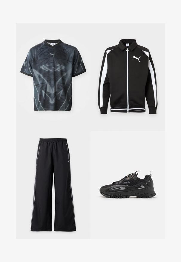 Schwarze Sportjacke mit Reißverschluss, weißen Streifen an den Ärmeln, weißem Puma-Logo auf der Brust und weiß gestreiften Details am Saum.; Kurzärmliges schwarzes und graues Sporttrikot mit einem stammesähnlichen Muster und einem kleinen weißen Puma-Logo auf der Vorderseite.; Schwarze, weit geschnittene Sporthose mit weißen Paspelierungen an den Seiten und elastischem Bund, mit kleinem Puma-Logo am rechten Oberschenkel.; Schwarze Sneaker mit einem Obermaterial aus Mesh und Synthetik, Gummisohle, abgerundeter Zehenpartie und reflektierenden Akzenten an den Seiten und Schnürsenkeln.