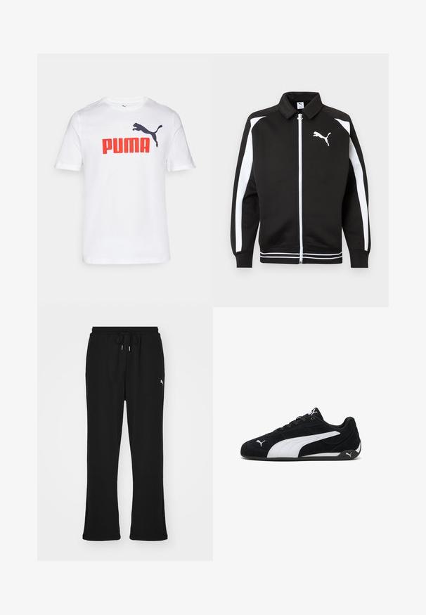 Veste de sport noire zippée avec des rayures blanches sur les manches, logo Puma blanc sur la poitrine et détails de ourlet à rayures blanches.; T-shirt blanc à manches courtes avec un grand texte rouge "PUMA" et un logo noir de puma bondissant sur la poitrine.; Pantalons de survêtement noirs avec taille élastique et cordon de serrage, dotés de poches latérales et d'un logo discret sur la jambe gauche. Tissu doux, forme évasée.; Chaussures de sport en daim noir avec une bande latérale blanche, des accents de marque blancs, une semelle plate noire et des lacets noirs.