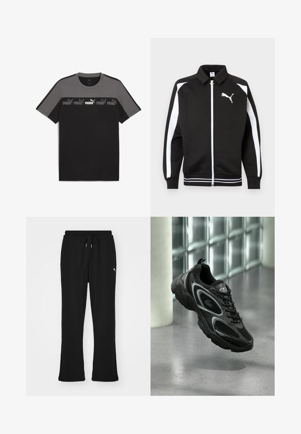 Čierna športová bunda na zips s bielymi pruhmi na rukávoch, bielym logom Puma na hrudi a detailmi na leme s bielymi pruhmi.; Čierne a sivé tričko s krátkym rukávom a okrúhlym výstrihom, s opakujúcim sa bielym logom 'PUMA' na hrudi a hladkou bavlnenou textúrou.; Čierne teplákové nohavice s elastickým pásom a šnúrkou, so bočnými vreckami a nenápadným logom na ľavom stehne. Mäkká tkanina, rozšírený strih.; Čierna atletická obuv z textilnej a syntetickej vrstvy, so štruktúrovanou podrážkou, elegantným dizajnom, striebornými doplnkami a šnurovaním vpredu.