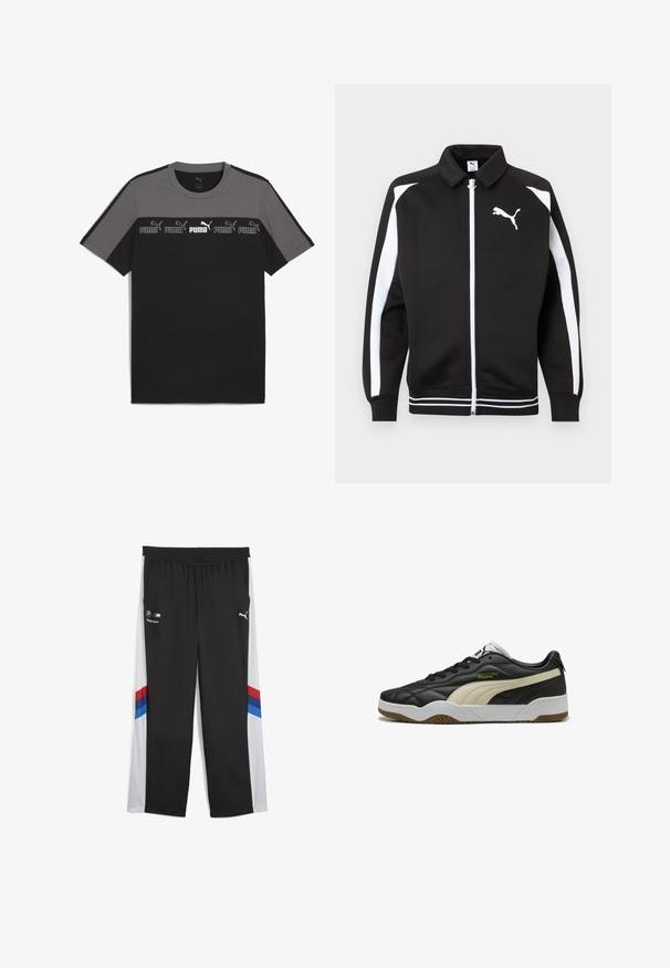 Schwarze Sportjacke mit Reißverschluss, weißen Streifen an den Ärmeln, weißem Puma-Logo auf der Brust und weiß gestreiften Details am Saum.; Schwarz-graues T-Shirt mit kurzen Ärmeln und rundem Ausschnitt, das ein wiederholtes weißes 'PUMA'-Logo über der Brust aufweist und aus glattem Baumwollmaterial besteht.; Schwarze Sporthosen mit einem weitem Beindesign, ausgestattet mit weißen Seitenpanelen und roten sowie blauen Streifen. Elastischer Bund für eine verstellbare Passform.; Schwarze Leder-Sneaker mit einem cremefarbenen Streifen, Gummisohle und weißen Akzenten. Verfügt über eine strukturierte Oberfläche und eine Schnürung.