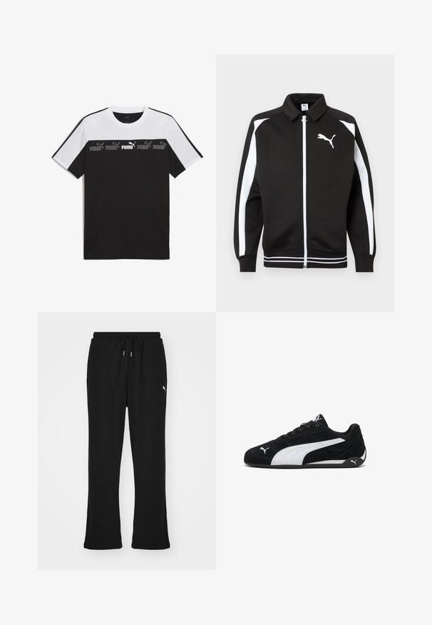 Chaqueta deportiva negra con cremallera, con rayas blancas en las mangas, logo de Puma blanco en el pecho y detalle de dobladillo con rayas blancas.; Camiseta de manga corta en blanco y negro hecha de algodón, con un logotipo de PUMA en el centro en un diseño gráfico audaz y una textura en el pecho.; Pantalones de chándal negros con cintura elástica y cordón, con bolsillos laterales y un sutil logo en la pierna izquierda. Tela suave, forma acampanada.; Zapatillas deportivas de ante negro con una franja lateral blanca, detalles de marca en blanco, suela plana negra y cordones negros.