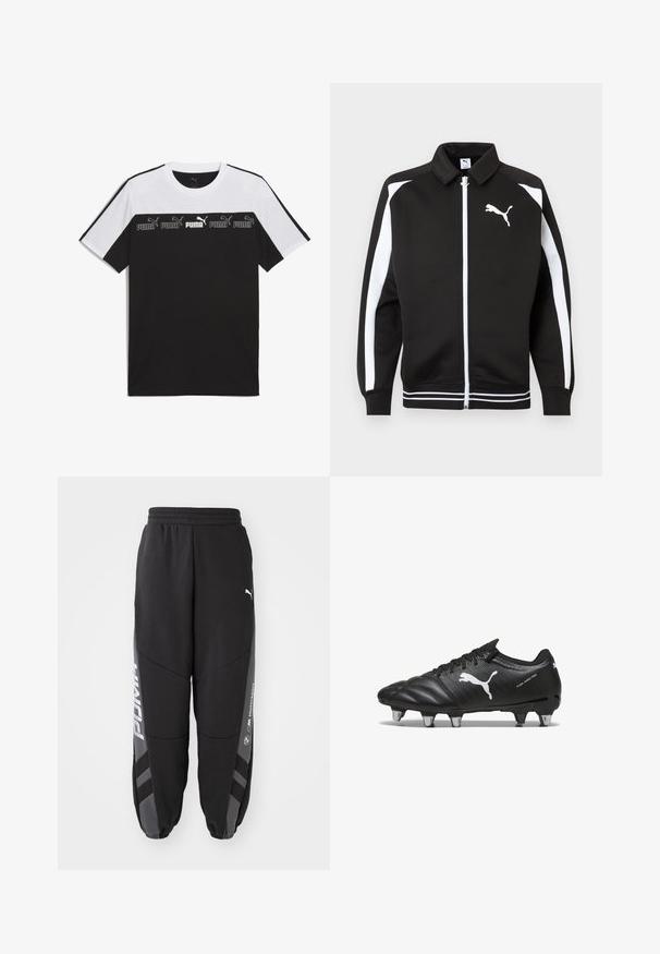 Schwarze Sportjacke mit Reißverschluss, weißen Streifen an den Ärmeln, weißem Puma-Logo auf der Brust und weiß gestreiften Details am Saum.; Schwarz-weiße kurzärmlige T-Shirt aus Baumwolle, mit einem auffälligen PUMA-Logo in der Mitte und einem strukturierten Design auf der Brust.; Schwarze Jogginghosen aus weichem Material. Mit elastischem Bund, schmal zulaufenden Beinen, grauen Akzenten und weißen Logos an den Seiten.; Schwarze Fußballschuhe aus strukturiertem Material, mit weißem Puma-Logo, Schnürverschluss und Metallnägeln für besseren Halt. Das Design betont Leistung und Unterstützung.
