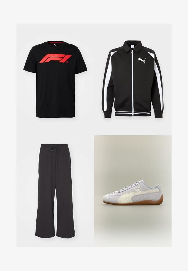 Sort sportsjakke med lynlås, hvide striber på ærmerne, hvidt Puma-logo på brystet og detaljer med hvidstribet kant.; Sort bomulds T-shirt med et stort rødt Formula 1-logo på forsiden. Rund halsudskæring og korte ærmer, glat tekstur.; Sorte sweatpants med vid benvidde, elastisk talje og snor. Har hvide sidestriber og to sidelommer. Glat overflade.; Lys grå Puma ruskindssneaker med hvid stribedetalje og gummisål, set fra ydersiden mod en neutral baggrund.