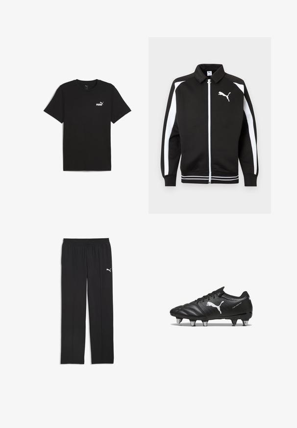 Schwarze Sportjacke mit Reißverschluss, weißen Streifen an den Ärmeln, weißem Puma-Logo auf der Brust und weiß gestreiften Details am Saum.; Schwarzes Baumwoll-T-Shirt mit kurzen Ärmeln und Rundhalsausschnitt. Mit einem kleinen weißen Puma-Logo im oberen linken Brustbereich.; Schwarze, elastische Bund-Hose mit geradem Bein und kleinem weißem Puma-Logo am oberen linken Oberschenkel vor weißem Hintergrund.; Schwarze Fußballschuhe aus strukturiertem Material, mit weißem Puma-Logo, Schnürverschluss und Metallnägeln für besseren Halt. Das Design betont Leistung und Unterstützung.