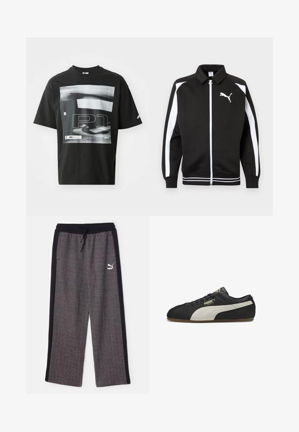 Chaqueta deportiva negra con cremallera, con rayas blancas en las mangas, logo de Puma blanco en el pecho y detalle de dobladillo con rayas blancas.; Camiseta de algodón negra con un estampado gráfico que incluye elementos de texto, como "FORMULA 1 RACING" y "P1". Cuello redondo y mangas cortas.; Puma RELAXED TRACK PANTS - Pantalones deportivos - black/alpine snow; Zapatilla Puma de perfil bajo en negro con franja lateral beige, cordones negros y suela de goma, mostrando el lado exterior izquierdo con la marca "Puma Tackle".