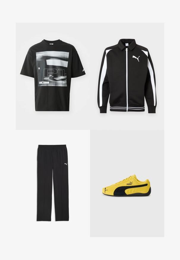 Sort sportsjakke med lynlås, hvide striber på ærmerne, hvidt Puma-logo på brystet og detaljer med hvidstribet kant.; Sort bomulds T-shirt med grafisk tryk, der inkluderer tekstelementerne "FORMULA 1 RACING" og "P1." Rund hals og korte ærmer.; Sorte bukser med elastisk talje og lige ben med lille hvid Puma-logo på øverste venstre lår mod hvid baggrund.; Gul ruskinds sneakers med sorte ruskindsdetaljer. Har en struktureret sål, snørelukning og Puma-logo på siden og tungen.