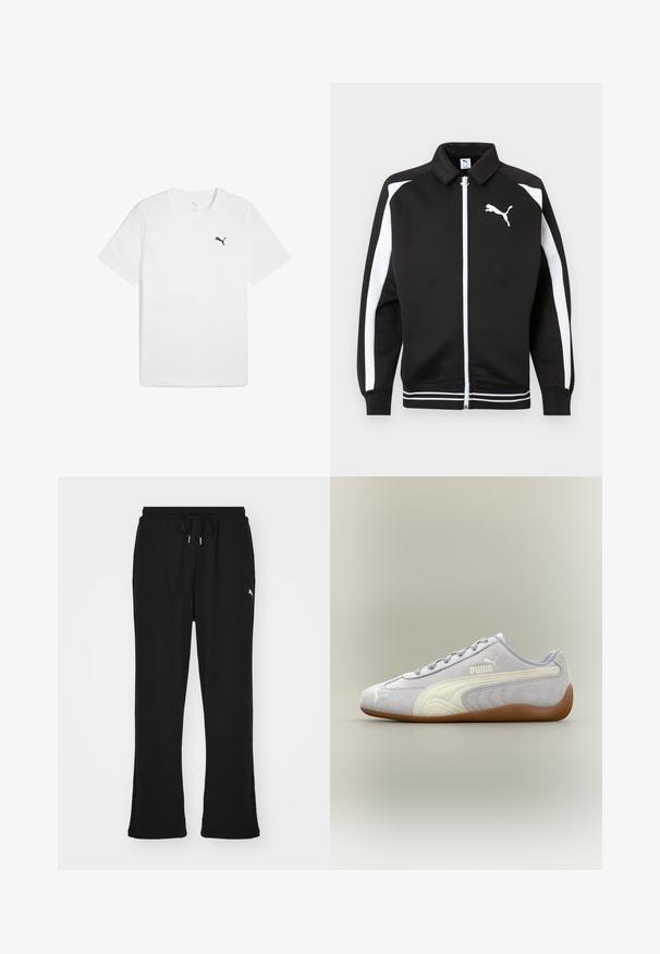 Sort sportsjakke med lynlås, hvide striber på ærmerne, hvidt Puma-logo på brystet og detaljer med hvidstribet kant.; Hvid bomulds T-shirt med korte ærmer og rund hals, med et lille sort Puma-logo på den øverste venstre bryst.; Sorte sweatpants med elastisk talje og snor, med sidelommer og et diskret logo på venstre ben. Blødt stof, flagrende form.; Lys grå Puma ruskindssneaker med hvid stribedetalje og gummisål, set fra ydersiden mod en neutral baggrund.