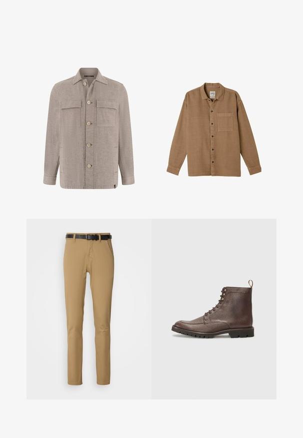 Beige blouse met lange mouwen, voorzien van een puntige kraag, knoopsluiting aan de voorkant, twee borstzakken met klep en mouwen met manchetten.; Bruine blouse met lange mouwen, knopen, kraag, een borstzakje en zwarte knopen, plat liggend op een witte achtergrond.; Khaki broek met een slim fit ontwerp, gemaakt van zachte stof. Heeft een zwarte riem, twee voorzakken en een recht gesneden pijp.; Hackett London SLOANE APRON - Veterboots - dark mocca brown