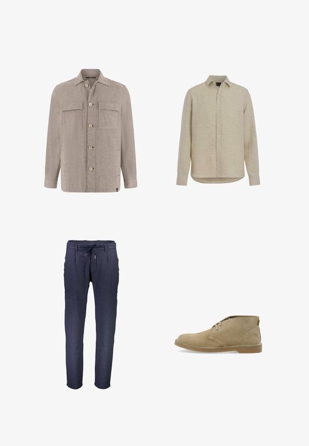Beige blouse met lange mouwen, voorzien van een puntige kraag, knoopsluiting aan de voorkant, twee borstzakken met klep en mouwen met manchetten.; Beige blouse met lange mouwen, knoopsluiting, puntkraag, zeven knopen aan de voorkant en een afgeronde zoom aan de onderkant.; Middengrijze, taps toelopendebroek gemaakt van textuurstof, met een elastische tailleband met verstelbaar trekkoord en zijzakken.; Beige suède desertboot met twee veterogen, gestikte zool en lage enkelhoogte, zijaanzicht op een witte achtergrond.