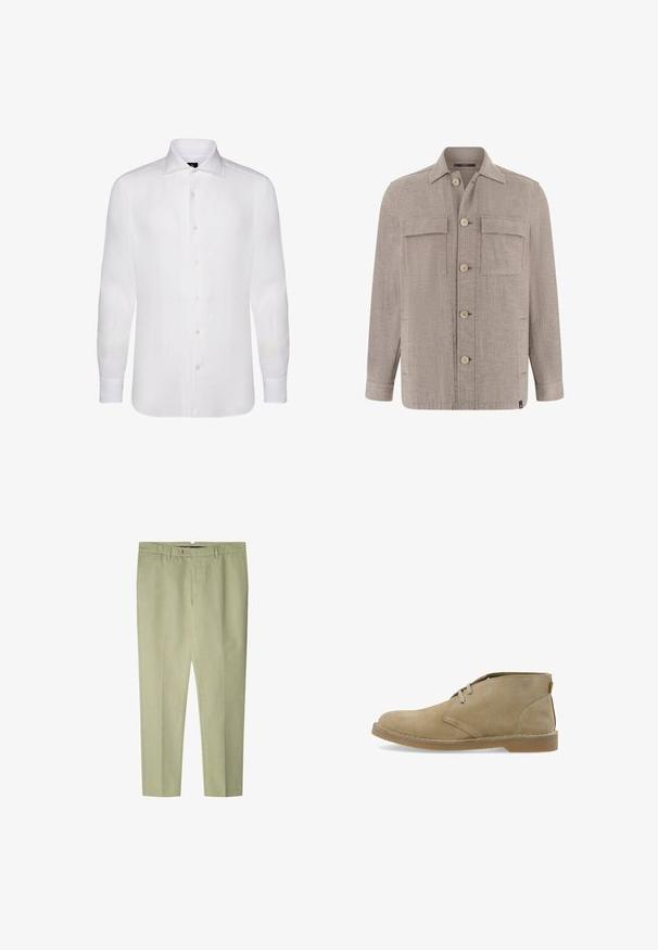 Sobrecamisa beige de manga larga con cuello puntiagudo, cierre frontal con botones, dos bolsillos con solapa en el pecho y puños abotonados.; Camisa blanca de manga larga abotonada, hecha de una tela ligera, con un cuello clásico, una textura sutil y seis botones al frente.; Pantalones de color verde claro elaborados con una tela suave, que presentan un corte recto, delantero plano y un solo botón de cierre en la cintura.; Bota desértica de ante beige con dos ojetes, suela cosida y altura baja en el tobillo, mostrada de perfil sobre fondo blanco.