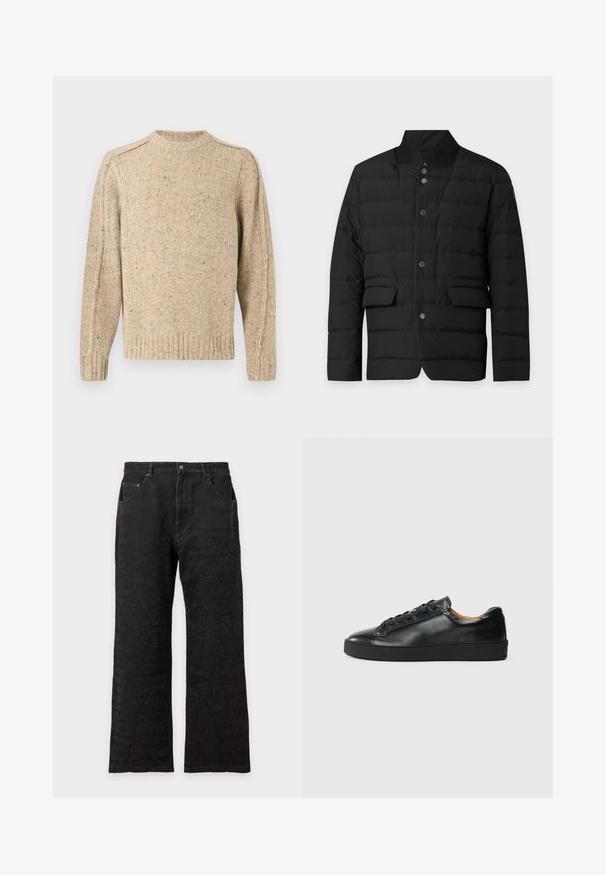 Black quilted jacket with a high collar, snap button front, and two front flap pockets, displayed on a plain background.; Beige knitted sweater with subtle multicolor speckles, long sleeves, ribbed cuffs, hem, and crew neckline.; Black straight-leg jeans with front pockets, button closure, and subtle textured pattern throughout the fabric.; Black leather sneaker with a smooth texture, round toe, and lace-up closure. Features a thick rubber sole and minimal branding detail.