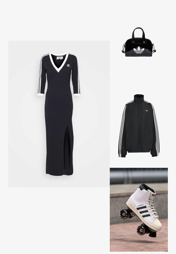 Zwarte Adidas trainingsjas met witte drie strepen langs de mouwen, een rits over de hele voorkant, elastische manchetten en een klein trefoil-logo op de borst.; Zwarte jurk met lange mouwen en een V-hals, witte strepen langs de mouwen en een zijsplijt. Gemaakt van zachte stof, met een klein logo op de borst.; Witte hoge rolschaats; leren bovenkant met drie zwarte strepen; zwarte hak; rubberen zool; versierd met het Adidas-logo op de wielen.; Zwarte gepatenteerde leren handtas met een afgeronde vorm, dubbele handvaten bovenaan, zilveren accenten en een opvallend wit logo aan de voorkant.