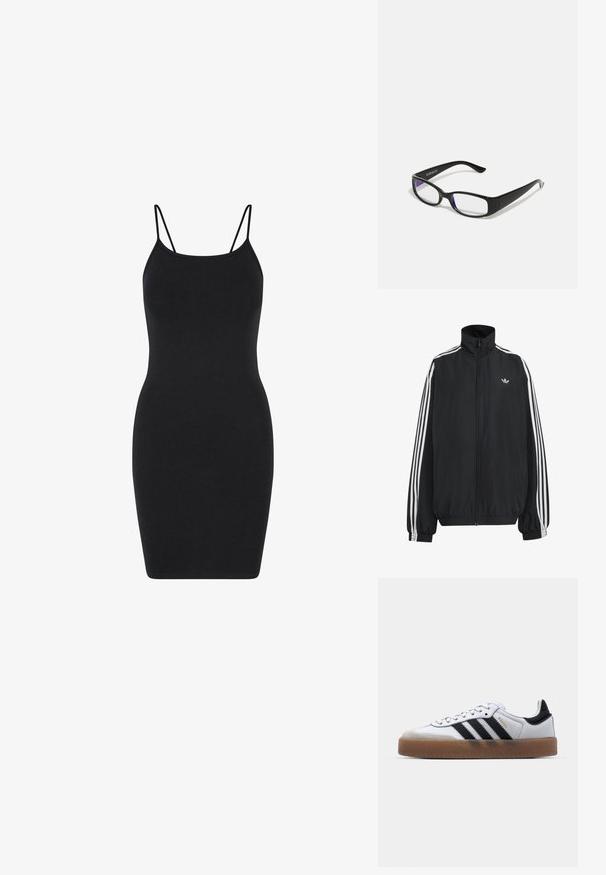 Veste de survêtement Adidas noire avec trois bandes blanches le long des manches, fermeture éclair frontale complète, poignets élastiques et petit logo trèfle sur la poitrine.; Robe noire sans manches avec des bretelles fines, design ajusté, en tissu lisse, longueur genoux avec un style simple et sans embellissement.; Baskets en cuir blanc avec des rayures noires, semelle extérieure en caoutchouc beige, bout rond, fermeture lacée et embout en suède gris doux.; Des lunettes rectangulaires noires avec des verres transparents. Fini brillant, branches étroites et teinte violette visible sur les bords des verres.