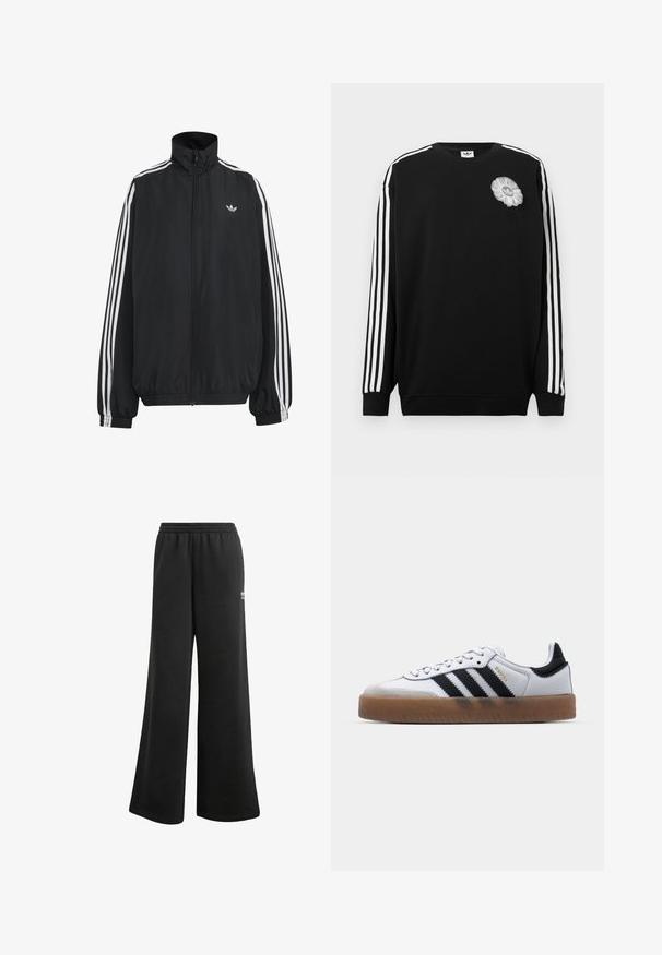 Čierna Adidas športová bunda s bielymi tromi pásikmi po celej dĺžke rukávov, so zipsom po celej prednej časti, elastickými manžetami a malým logom trefolo na hrudi.; Čierna mikina s bielymi pruhmi na rukávoch a dekoratívnou sivou kvetinovou nášivkou na hrudi. Rebrované manžety a dizajn s okrúhlym výstrihom.; Čierne široké tepláky s elastickým pásom. Vyrobené z mäkkej tkaniny, na boku s malým bielym logom.; Biele kožené tenisky s čiernymi pruhmi, gumová podrážka, okrúhla špička, šnurovanie a mäkký sivý semišový špička.