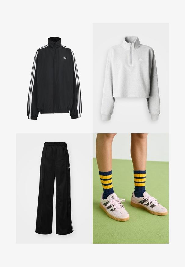 Čierna Adidas športová bunda s bielymi tromi pásikmi po celej dĺžke rukávov, so zipsom po celej prednej časti, elastickými manžetami a malým logom trefolo na hrudi.; Svetlo šedá skrátená mikina s vysokým golierom a polovičným zipsom. Má voľné rukávy a malú bielu nášivku na hrudi. Materiál z bavlneného zmesi.; Čierne široké teplákové nohavice s elastickým pásom, s bielymi bočnými pruhmi a malým logom na ľavom boku. Hladký textil.; Svetloružové semišové tenisky s čiernymi pruhmi a gumovými podrážkami, skombinované s námořníckymi a žltými pruhovanými rebrovanými ponožkami. Zelená textúrovaná podlaha.
