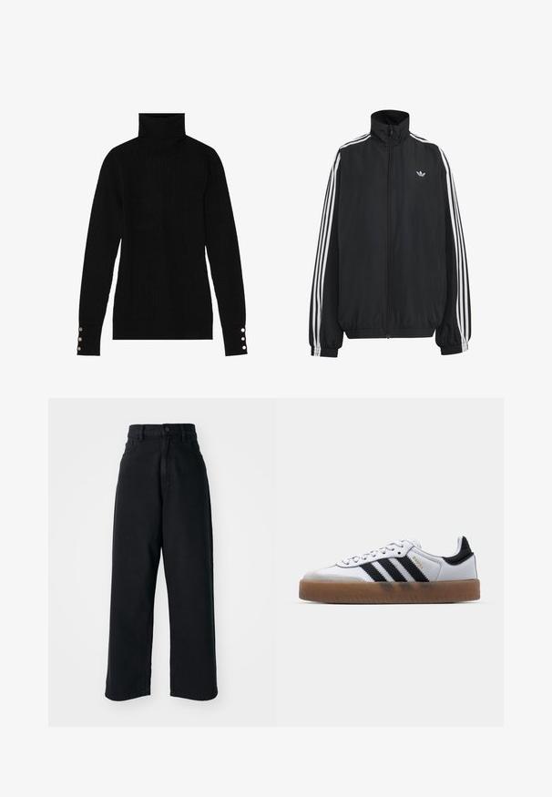 Chaqueta deportiva negra de Adidas con tres franjas blancas a lo largo de las mangas, cremallera frontal completa, puños elásticos y pequeño logo de trébol en el pecho.; Suéter negro de cuello alto con una textura acanalada. Presenta mangas largas ajustadas con tres botones plateados en cada puño.; Jeans anchos de tiro alto en negro, con bolsillos frontales y cierre de botón, exhibidos sobre un fondo blanco liso.; Zapatillas de cuero blancas con rayas negras, suela de goma, puntera redonda, cierre de cordones y caperuza de ante gris suave.