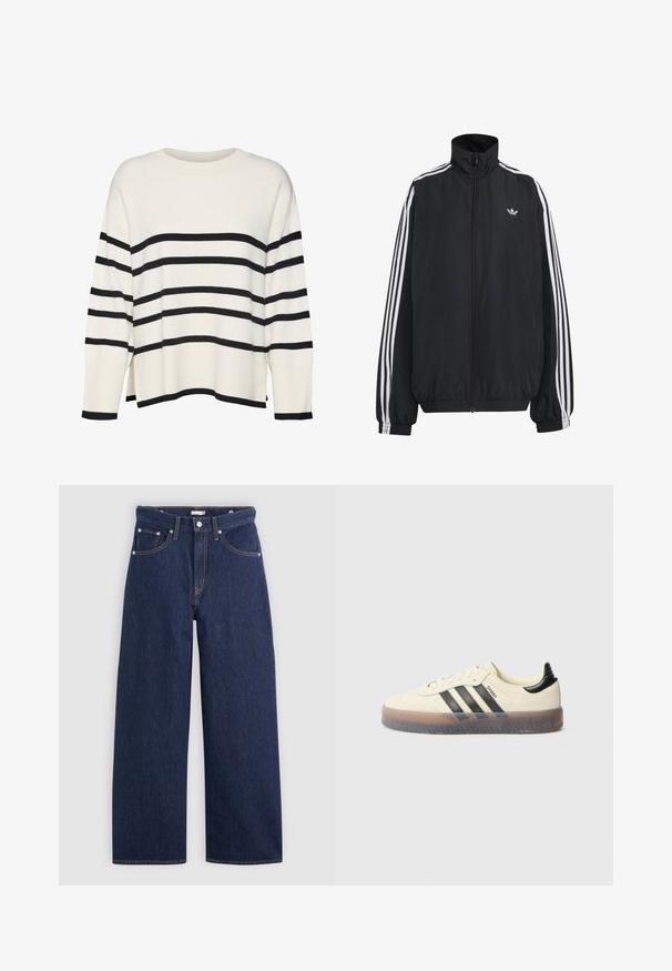 Sort Adidas træningsjakke med hvide tre striber langs ærmerne, fuld lynlås foran, elastiske manchetter og lille trefoil-logo på brystet.; Hvid strikket sweater med sorte vandrette striber, ribbede manchetter og kant, afslappet pasform, rund halsudskæring og sideskår på taljen.; Mørkeblå denim brede ben jeans med høj talje, der har fem lommer, bæltestropper og detaljer med kobber stikninger. Glat tekstur.; Beige sneakers med tre sorte striber, rund tå, tekstureret gummisål og glat overdel. Har polstret hæl og minimal branding.