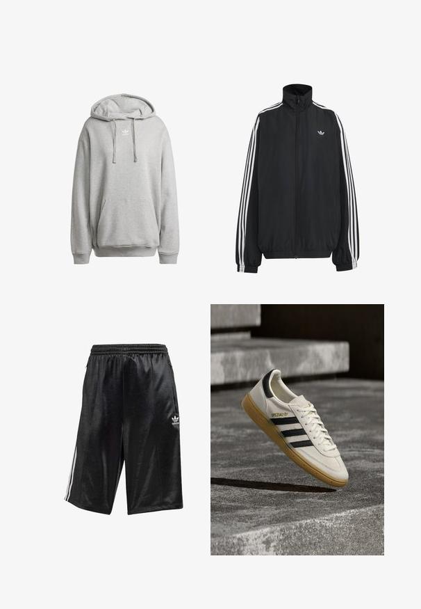 Chaqueta deportiva negra de Adidas con tres franjas blancas a lo largo de las mangas, cremallera frontal completa, puños elásticos y pequeño logo de trébol en el pecho.; Sudadera con capucha gris hecha de una mezcla de algodón, con un bolsillo frontal, puños de canalé y un logo blanco en el pecho.; Shorts deportivos negros hechos de un tejido suave, con cintura ajustable mediante cordón, bolsillos laterales y tres franjas blancas a lo largo de los lados.; Zapatilla blanca Adidas Spezial con rayas negras y suela de goma flotando sobre escalones de piedra grises al aire libre.