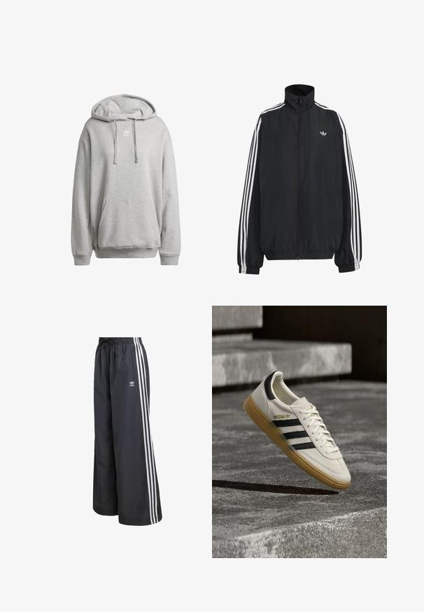 Čierna Adidas športová bunda s bielymi tromi pásikmi po celej dĺžke rukávov, so zipsom po celej prednej časti, elastickými manžetami a malým logom trefolo na hrudi.; Šedá mikina s kapucňou vyrobená z bavlneného zloženia, s prednou vreckom, rebrovanými manžetami a bielym logom na hrudi.; Čierne športové nohavice z ľahkého materiálu, s tromi bielymi vertikálnymi pruhmi a elastickým pásom so sťahovacou šnúrkou.; Biela teniska Adidas Spezial s čiernymi pásikmi a gumovou podrážkou vznášajúca sa nad sivými kamennými schodmi vonku.