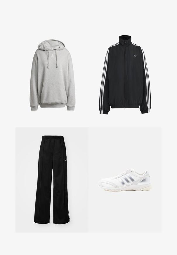 Čierna Adidas športová bunda s bielymi tromi pásikmi po celej dĺžke rukávov, so zipsom po celej prednej časti, elastickými manžetami a malým logom trefolo na hrudi.; Šedá mikina s kapucňou vyrobená z bavlneného zloženia, s prednou vreckom, rebrovanými manžetami a bielym logom na hrudi.; Čierne široké teplákové nohavice s elastickým pásom, s bielymi bočnými pruhmi a malým logom na ľavom boku. Hladký textil.; Biely športový topánok so striebornými akcentmi, textúrovaným horným materiálom, dizajnom s tromi pruhmi a hrubou gumovou podrážkou.