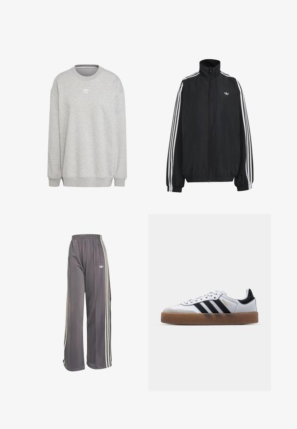 Schwarze Adidas Trainingsjacke mit weißen drei Streifen entlang der Ärmel, durchgehendem Frontreißverschluss, elastischen Bündchen und kleinem Trefoil-Logo auf der Brust.; Grauer Sweatshirt aus weichem Stoff, mit Rundhalsausschnitt, langen Ärmeln, gerippten Bündchen und Saum, sowie einem kleinen weißen Logo auf der Vorderseite.; Graue Trainingshose mit weitem Bein, elastischem Bund, weißen Seitenstreifen, Reißverschlusstasche und Adidas-Logo am rechten Oberschenkel.; Weiße Leder Sneakers mit schwarzen Streifen, Gummigummi-Außensohle, runder Zehenform, Schnürverschluss und weichem grauem Wildleder-Zehenkappe.