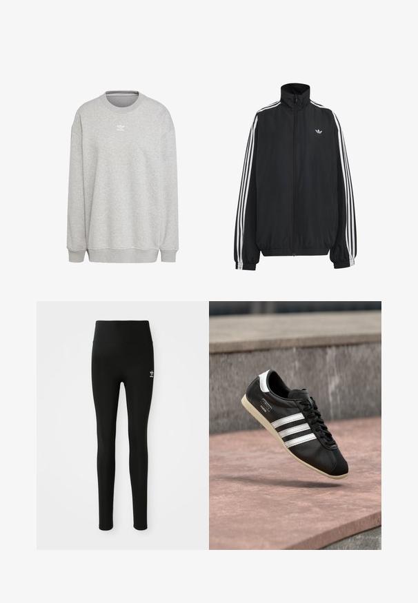 Schwarze Adidas Trainingsjacke mit weißen drei Streifen entlang der Ärmel, durchgehendem Frontreißverschluss, elastischen Bündchen und kleinem Trefoil-Logo auf der Brust.; Grauer Sweatshirt aus weichem Stoff, mit Rundhalsausschnitt, langen Ärmeln, gerippten Bündchen und Saum, sowie einem kleinen weißen Logo auf der Vorderseite.; Schwarze Leggings aus dehnbarem Material mit hohem Bund, ausgestattet mit einem kleinen weißen Adidas-Logo am linken Bein. Glatte Textur.; Schwarzer Ledersneaker mit weißen Streifen und Sohle, geschnürt, schwebt über einer rosa gefärbten Betontfläche vor einer grauen Steinmauer im Hintergrund.