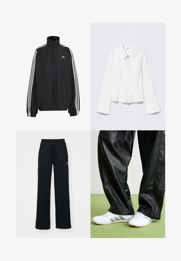Musta Adidas-verryttelytakki, jossa valkoiset kolme raitaa hihoissa, täysipitkä etuvetoketju, joustavat hihansuut ja pieni kolmiokuvioinen logo rinnassa.; Valkoinen pitkähihainen paita, jossa on kauluksellinen pääntie ja etuvetoketju. Paidassa on levenevät hihansuut ja sileä, puuvillasekoitepinta.; Mustat urheiluhousut, joissa on rento istuvuus, kiristysnyöri vyötäröllä, sivutaskut vetoketjulla ja hillityt valkoiset logot vasemmassa jalassa.; Musta tekonahkahanat, joissa on ympäröivä fit, sileä pinta ja sivusuunnassa olevat raidat. Yhdistetty valkoisiin lenkkareihin, joissa on hopeisia yksityiskohtia.