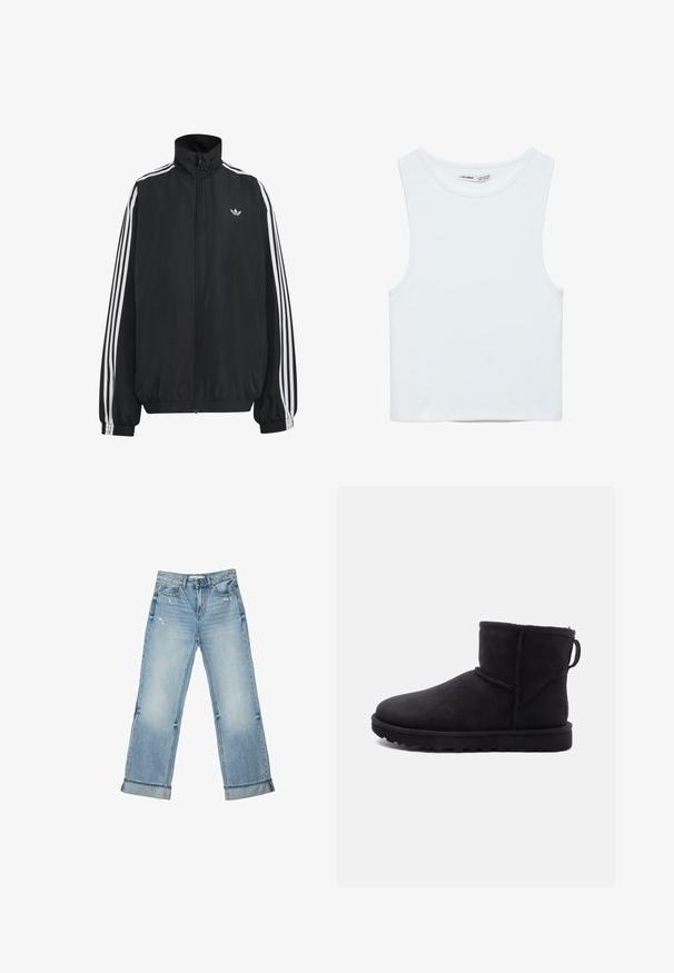 Čierna Adidas športová bunda s bielymi tromi pásikmi po celej dĺžke rukávov, so zipsom po celej prednej časti, elastickými manžetami a malým logom trefolo na hrudi.; Biely bezrukávový crop top s okrúhlym výstrihom, vyrobený z hladkej látky, označený Pull&Bear, vhodný na bežné nosenie.; Svetlomodré denimové rifle s miernym opotrebovaním, rovné nohy, manžety, predné vrecká a zapínanie na gombíky, veľkosť 36.; Čierne semišové členkové topánky s okrúhlym priehlbom, ovčou podšívkou a plochou gumovou podrážkou. Majú bočný šev a pútko na zadnej strane.