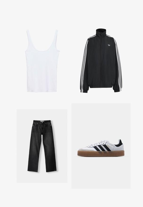 Černá sportovní bunda Adidas s bílými třemi pruhy podél rukávů, celým předním zipem, elastickými manžetami a malým logem trefoil na hrudi.; Bílý tílko s výstřihem do tvaru lžíce, vyrobené z měkké látky, s tenkými ramínky a štíhlým, přiléhavým střihem. Žádné viditelné vzory ani zdobení.; Bershka Džíny Straight Fit - mottled dark grey; Bílé kožené tenisky s černými pruhy, gumová podrážka, kulatá špička, šněrovací uzávěr a měkký šedý semišový kryt špičky.