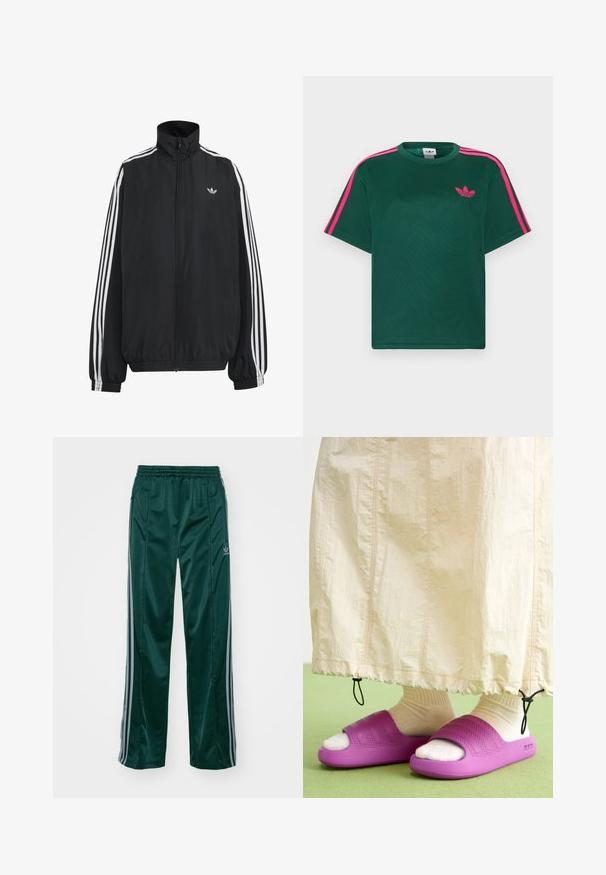 Sort Adidas træningsjakke med hvide tre striber langs ærmerne, fuld lynlås foran, elastiske manchetter og lille trefoil-logo på brystet.; Grøn kortærmet t-shirt med lyserøde striber på skuldrene og Adidas trefoil-logo på brystet.; Mørkegrønne træningsbukser lavet af skinnende materiale, med sidelister i lys grå og et broderet logo på venstre ben.; Lilla gummisandaler med et tekstureret bånddesign, båret over cremefarvede sokker, parret med en lys beige nederdel. Grønne gulv.