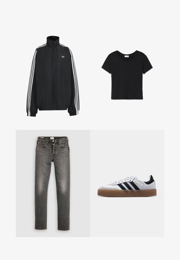 Schwarze Adidas Trainingsjacke mit weißen drei Streifen entlang der Ärmel, durchgehendem Frontreißverschluss, elastischen Bündchen und kleinem Trefoil-Logo auf der Brust.; Schwarzes Baumwoll-T-Shirt mit rundem Halsausschnitt, kurzen Ärmeln und geradem Saum. Weiche Textur mit minimalen Nähten und einem kleinen Markenetikett innen.; Graue Jeans aus Denim mit geradem Bein, mit beschädigter Textur, subtilen Verwaschungen, kupfernen Nieten und einem klassischen Knopfverschluss.; Weiße Leder Sneakers mit schwarzen Streifen, Gummigummi-Außensohle, runder Zehenform, Schnürverschluss und weichem grauem Wildleder-Zehenkappe.