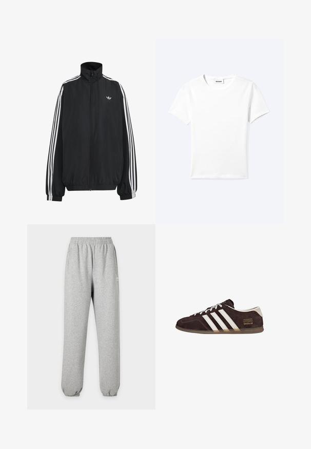 Must Adidas dressipluus valgete kolmekümnendate triipudega varrukatel, täispikk esilukk, elastsed varrukaservad ja väike trefoil logo rinnal.; Tavaline valge lühikeste varrukatega ümara kaelusega T-särk, mille kaela sisse on kinnitatud väike "WEEKDAY" silt, esitatud laotatult helel taustal.; Heledat hallid dressipüksid elastse vöökohaga ja mansettidega, küljetaskud ning väike valge logo reie ülaosas.; Pruunid seemisnahast tossud, millel on kolm valget triipu, kummist tallad ja kuldse kirjaga "Gazelle" tekstimärk. Paeltäidis on hõbedaste paeltega.