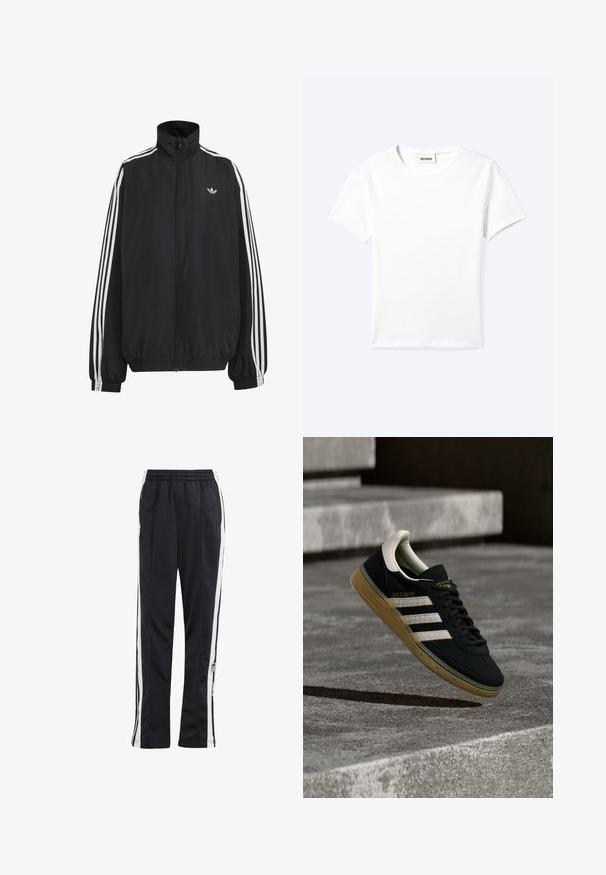 Čierna Adidas športová bunda s bielymi tromi pásikmi po celej dĺžke rukávov, so zipsom po celej prednej časti, elastickými manžetami a malým logom trefolo na hrudi.; Jednofarebné biele tričko s krátkym rukávom a okrúhlym výstrihom, s malou štítkou "WEEKDAY" vo vnútri výstrihu, zobrazené na svetlom pozadí, položené na rovnej ploche.; Čierne tepláky so bielymi bočnými pruhmi, elastickým pásom a logom. Vyrobené z hladkej, ľahkej tkaniny. Rovný strih.; Čierna semišová teniska s bielymi pruhmi a zlatým logom, vybavená textúrovanou podrážkou z gumy farby žuvačky a kontrastným krémovým jazykom na päte.