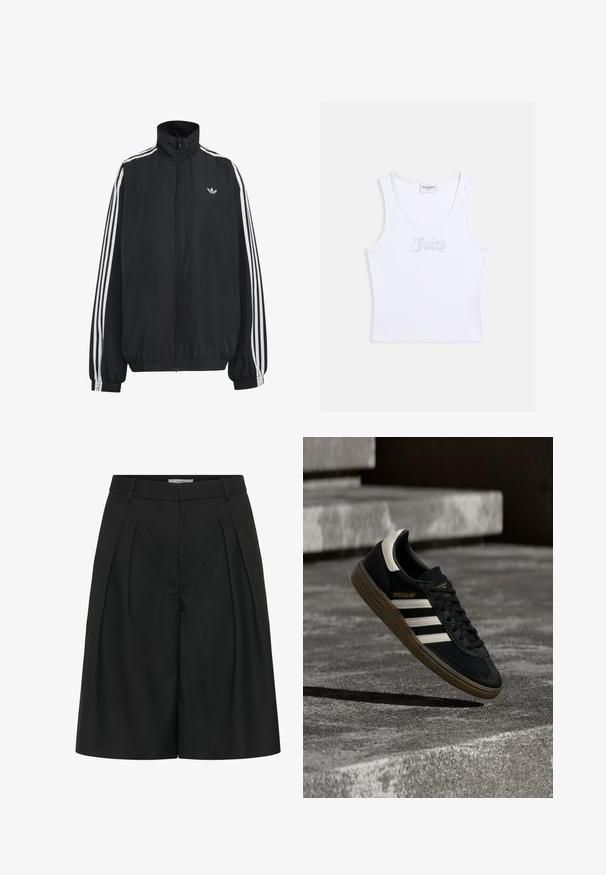 Μαύρο αθλητικό μπουφάν Adidas με λευκές τρεις ρίγες κατά μήκος των μανικιών, πλήρες φερμουάρ μπροστά, ελαστικά μανσέτες και μικρό λογότυπο trefoil στο στήθος.; Λευκό ριμπ αμάνικο κοντό τοπ με στρογγυλή λαιμόκοψη και τη λέξη «Juicy» γραμμένη με στρας στο στήθος.; Μαύρα, ψηλόμεσα, ραμμένα σορτς με πιέτες στο μπροστινό μέρος, θηλιές για ζώνη και κρυφό εμπρόσθιο κούμπωμα.; Μαύρο αθλητικό παπούτσι Adidas με λευκές ρίγες και καφέ σόλα που αιωρείται πάνω από γκρίζα σκυρόδεμα σκαλοπάτια σε φυσικό φως.