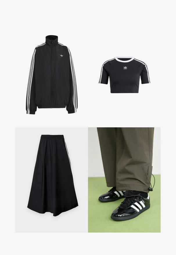 Chaqueta deportiva negra de Adidas con tres franjas blancas a lo largo de las mangas, cremallera frontal completa, puños elásticos y pequeño logo de trébol en el pecho.; Camiseta corta negra de algodón, con un cuello redondo blanco de canalé, mangas cortas tipo raglán y rayas laterales blancas con un pequeño logo.; Pantalones negros de pierna ancha con cinturilla elástica y franjas blancas laterales, mostrados sobre un fondo blanco liso.; Zapatillas de charol negro con tres rayas blancas, cordones negros y suela texturizada negra, combinadas con pantalones verde oliva.