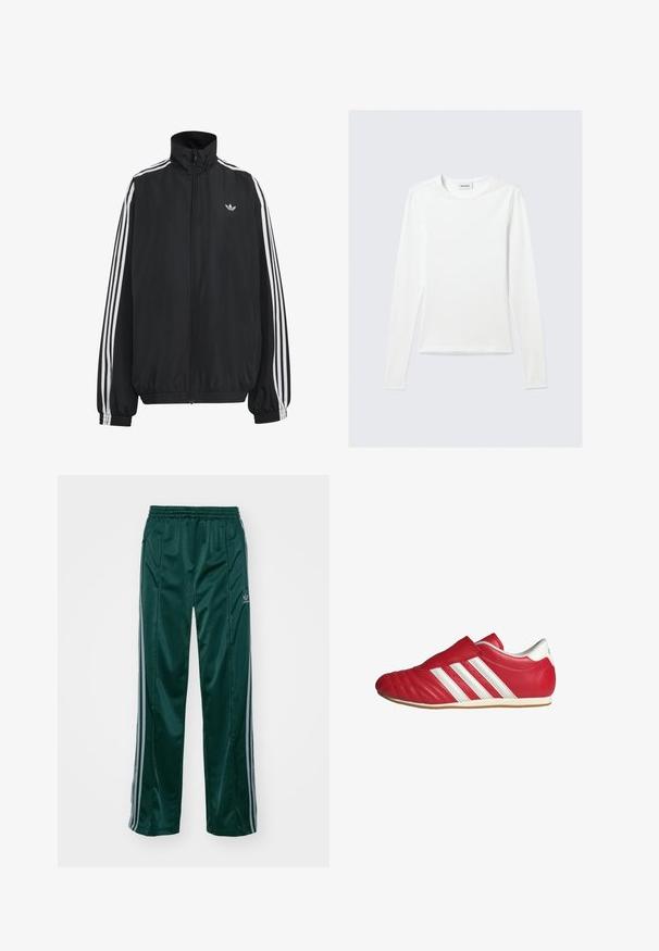 Sort Adidas træningsjakke med hvide tre striber langs ærmerne, fuld lynlås foran, elastiske manchetter og lille trefoil-logo på brystet.; Langærmet, enkel hvid T-shirt med rund halsudskæring og tætsiddende pasform, vist mod en lysegrå baggrund.; Mørkegrønne træningsbukser lavet af skinnende materiale, med sidelister i lys grå og et broderet logo på venstre ben.; Røde lædersportssko med rund tå, tekstureret overdel, hvide sidestræks og Velcro-strap. Flad gummisål for godt greb.