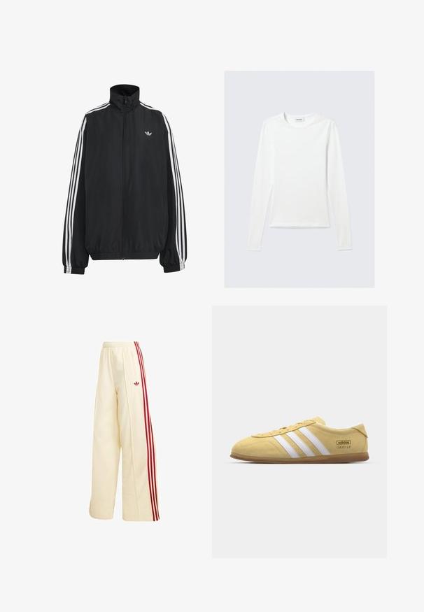 Sort Adidas træningsjakke med hvide tre striber langs ærmerne, fuld lynlås foran, elastiske manchetter og lille trefoil-logo på brystet.; Langærmet, enkel hvid T-shirt med rund halsudskæring og tætsiddende pasform, vist mod en lysegrå baggrund.; Kremfarvede vidde træningsbukser med røde sidelommer, elastisk talje, lynlåslomme og rødt Adidas-logo på låret.; adidas Originals GAZELLE LO PRO W - Sneakers - almost yellow/footwear white