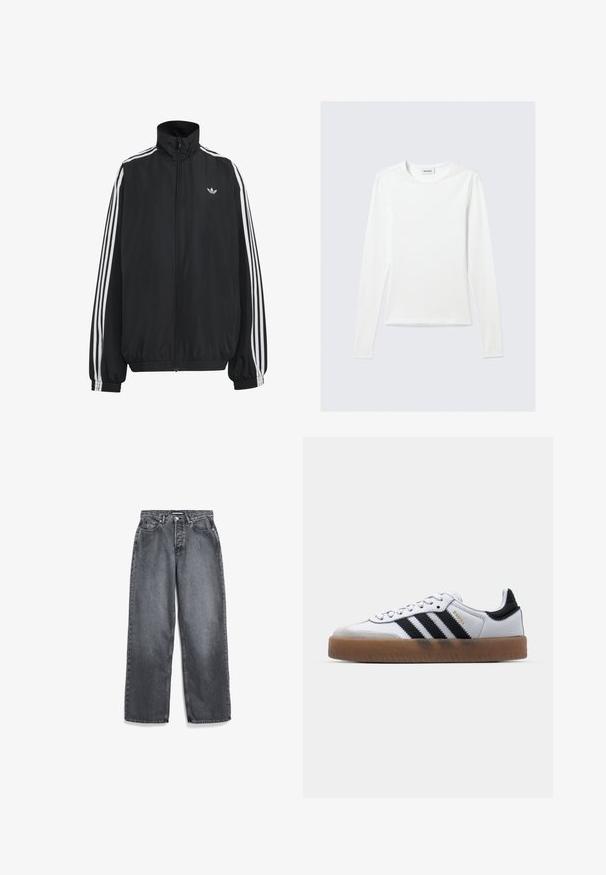 Zwarte Adidas trainingsjas met witte drie strepen langs de mouwen, een rits over de hele voorkant, elastische manchetten en een klein trefoil-logo op de borst.; Effen wit shirt met lange mouwen en ronde hals, slim fit, afgebeeld tegen een lichtgrijze achtergrond.; Donkergrijze rechte jeans met voorzakken, riemlussen, knoop en ritssluiting.; Witte leren sneakers met zwarte strepen, gumrubberen buitenzool, ronde neus, vetersluiting en een zachte grijze suède neuskap.