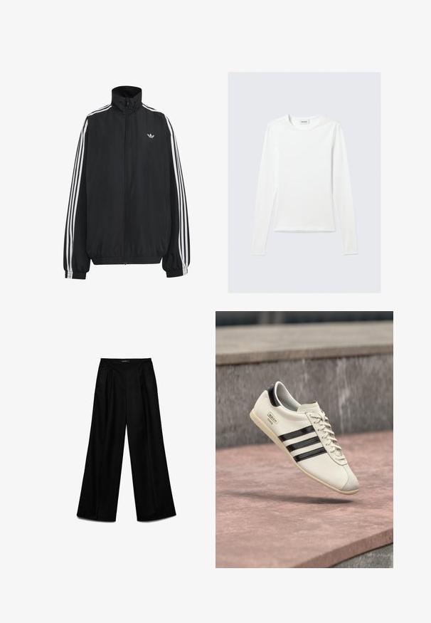 Chaqueta deportiva negra de Adidas con tres franjas blancas a lo largo de las mangas, cremallera frontal completa, puños elásticos y pequeño logo de trébol en el pecho.; Camiseta blanca lisa de manga larga con cuello redondo y corte ajustado, mostrada sobre un fondo gris claro.; Pantalones anchos negros con pliegues delanteros y bolsillos laterales, de talle alto con cinturilla lisa y cierre oculto.; Zapatilla blanca de Adidas con rayas negras y suela beige, flotando sobre una superficie de concreto rosada y un fondo de piedra gris.