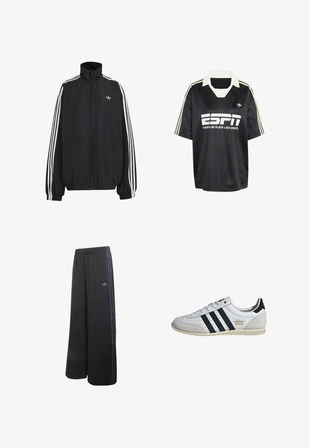 Čierna Adidas športová bunda s bielymi tromi pásikmi po celej dĺžke rukávov, so zipsom po celej prednej časti, elastickými manžetami a malým logom trefolo na hrudi.; Čierny športový dres s bielym golierom, na ktorom je veľké logo „ESPN“ a text. Tri bielo-zlaté pruhy na každom rukáve. Textúrovaná tkanina.; Čierne široké nohavice s elastickým pásom, bočnými vreckami a tromi tmavomodrými pruhmi po bokoch s logom Adidas na jednej nohavici.; Biele tenisky s čiernymi pruhmi a zlatým brandingom. Obsahujú semišové a kožené materiály, perforovaný zvršok a textúrovanú gumovú podrážku.