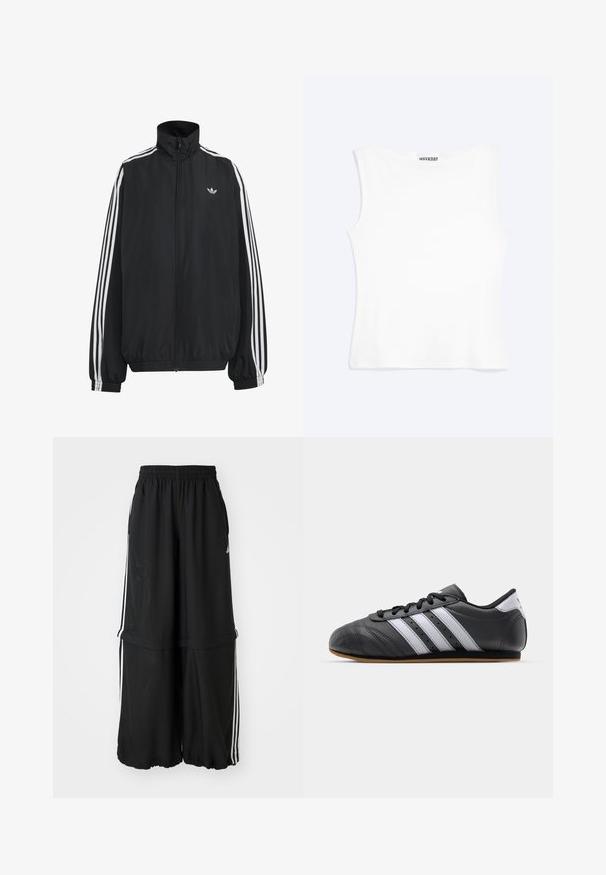 Schwarze Adidas Trainingsjacke mit weißen drei Streifen entlang der Ärmel, durchgehendem Frontreißverschluss, elastischen Bündchen und kleinem Trefoil-Logo auf der Brust.; Weißes, ärmelloses, figurbetontes Tanktop mit rundem Ausschnitt und minimalistischem Design, innen am Kragen mit der Aufschrift „WEEKDAY“.; Schwarze Trainingshose mit elastischem Bund, seitlichen Streifen und lockerer Passform mit gerafftem Saum für eine fließende Silhouette.; Schwarzer Sportschuh aus Leder mit weißen Streifen, runder Spitze, flacher Sohle und Schnürverschluss. Besitzt Perforationen für Atmungsaktivität.