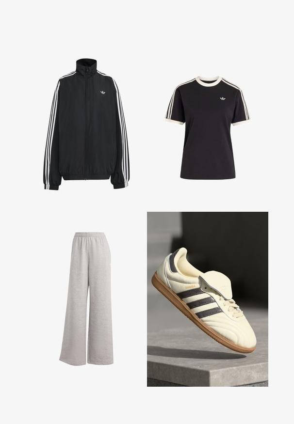 Zwarte Adidas trainingsjas met witte drie strepen langs de mouwen, een rits over de hele voorkant, elastische manchetten en een klein trefoil-logo op de borst.; Zwart kort mouwshirt met witte rand aan kraag en manchetten, witte geperforeerde strepen langs de schouders en mouwen, klein Adidas-logo op de borst.; Lichtgrijze sweatpants met een losse pasvorm, elastische tailleband en zachte textuur. Heeft subtiele branding aan één kant. Casual ontwerp.; Crème leren sneaker met drie donkere strepen, een bruine gumrubberen zool en een ronde neus. Voorzien van een opvouwbare tong met het label "SAMBA."
