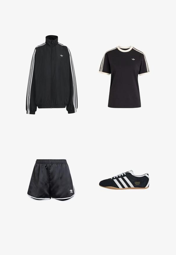 Sort Adidas træningsjakke med hvide tre striber langs ærmerne, fuld lynlås foran, elastiske manchetter og lille trefoil-logo på brystet.; Sort kortærmet skjorte med hvid kant på kraven og manchetterne, hvide perforerede striber langs skuldre og ærmer, lille Adidas-logo på brystet.; Sorte atletiske shorts lavet af glat syntetisk materiale, med hvide sideakcenter og et broderet logo nederst til venstre.; Sort ruskinds sneaker med hvide tre striber, guldlogo og en brun gummisål. Har et lavprofil snørebåndsdesign.